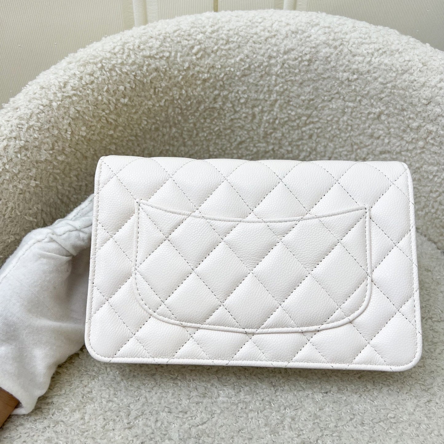Chanel Classic Wallet on Chain WOC in White Caviar and SHW (Model: AP0250)