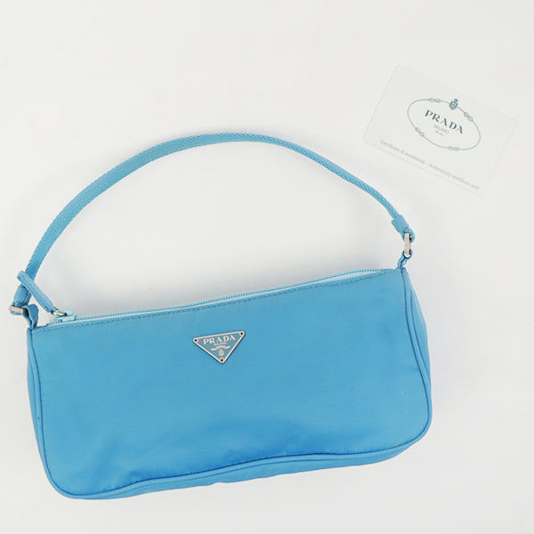 Prada Nylon Logo Plate Handbag Light Blue