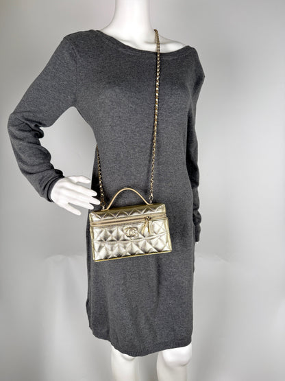 CHANEL Long Classic Vanity Light Gold Caviar Quilted Zip Top Handle Crossbody with Chain Bag New