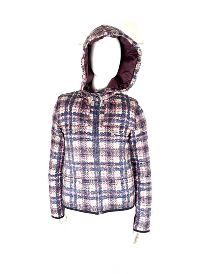 CHANEL Tweed Print Navy Beige Burgundy Nylon Zip Hooded Jacket 38