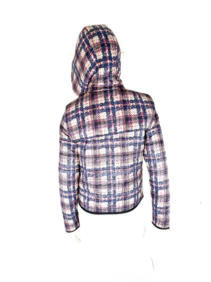 CHANEL Tweed Print Navy Beige Burgundy Nylon Zip Hooded Jacket 38