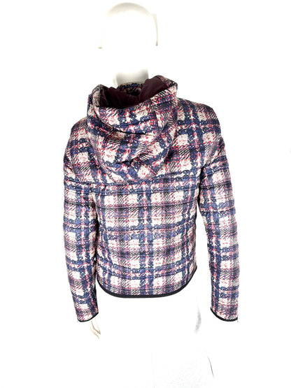 CHANEL Tweed Print Navy Beige Burgundy Nylon Zip Hooded Jacket 38