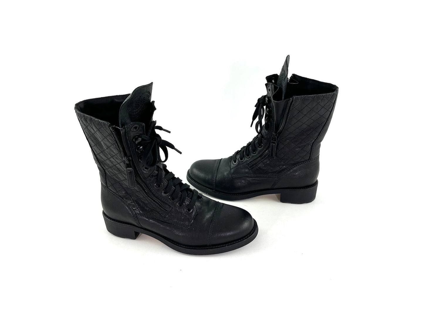 CHANEL Black Quilted Leather Interlocking CC Logo Combat Boots 39 8