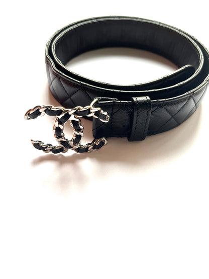 CHANEL B20 Black Quilted Caviar CC Buckle Silver Logo Leather Belt 90 36