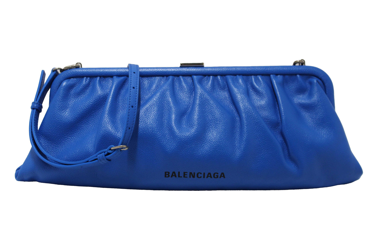 NEW Balenciaga Blue Grained Calfskin Leather XL Cloud Clutch with Strap