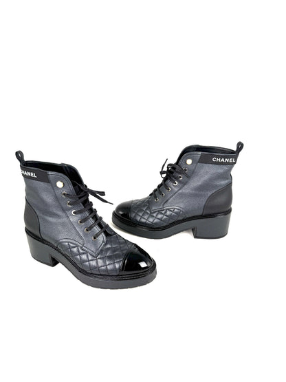 CHANEL Cap Toe Faux Pearl Black Quilted Block Heel Combat Ankle Boots 41, 10.5