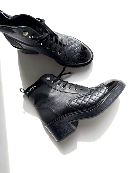 CHANEL Cap Toe Faux Pearl Black Quilted Block Heel Combat Ankle Boots 41, 10.5
