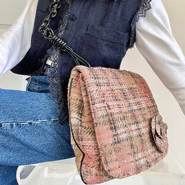 Chanel Around 2005 Made Tweed Camellia Design Chain Shoulder Bag Pink/Multi