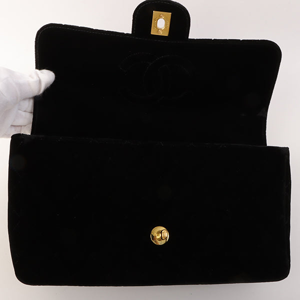 Chanel Around 1995 Made Velour Classic Flap Top Handle Bag Black
