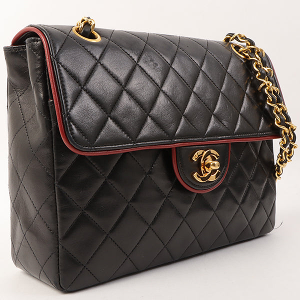 Chanel Around 1990 Made Edge Design Flap Turn-Lock Chain Bag Black/Red