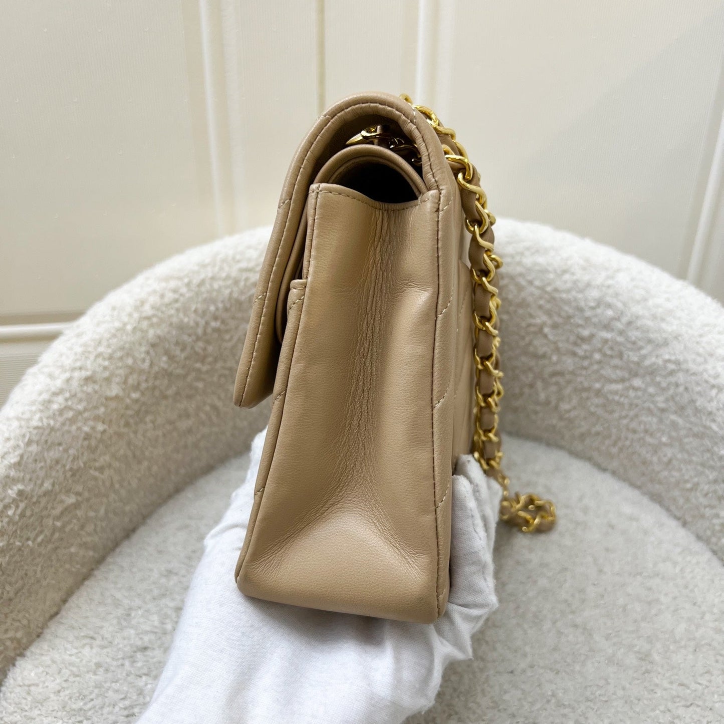 Chanel Vintage Medium Classic Flap CF in Chevron Quilted Beige Lambskin and 24K Gold Plated HW