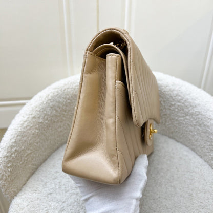 Chanel Vintage Medium Classic Flap CF in Chevron Quilted Beige Lambskin and 24K Gold Plated HW