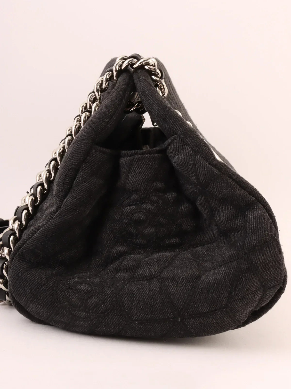 Chanel Around  Made Denim Camellia Stitch Cc Mark Charm Chain Shoulder Bag Black