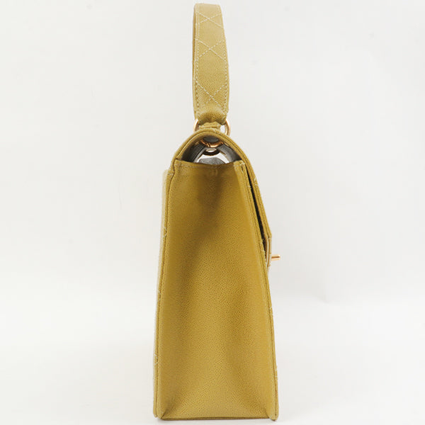 Chanel Around 1998 Made Soft Caviar Skin Turn-Lock Handbag Lime Yellow