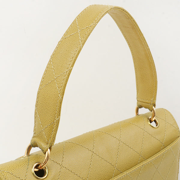 Chanel Around 1998 Made Soft Caviar Skin Turn-Lock Handbag Lime Yellow