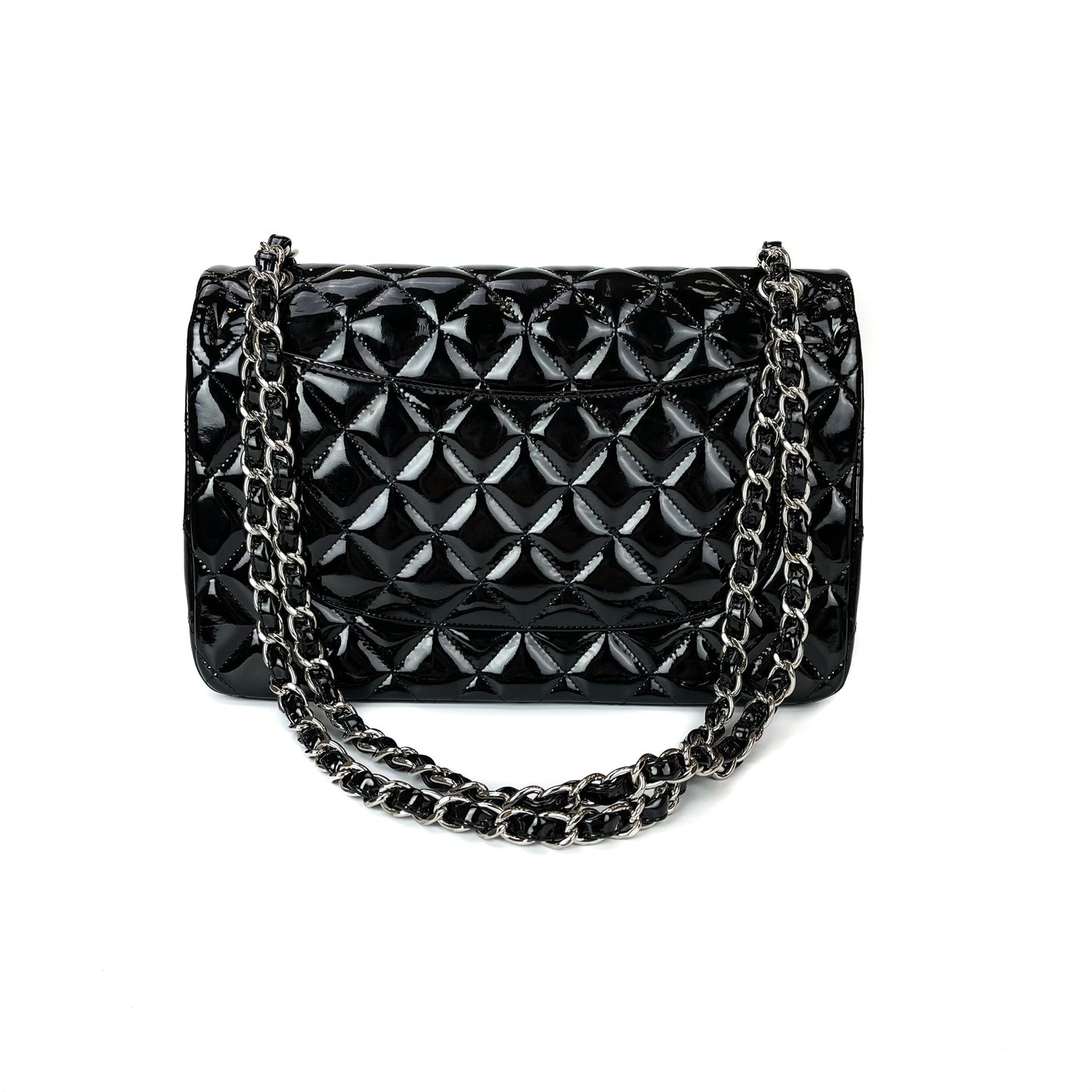 Double Flap Jumbo Quilted Patent Bag in Black with SHW