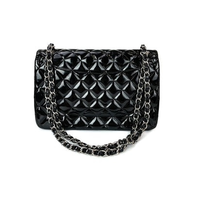 Double Flap Jumbo Quilted Patent Bag in Black with SHW