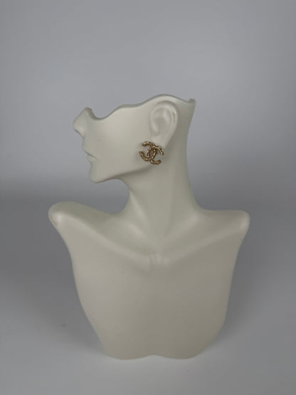 CHANEL CC Stud Light Gold Twisted Rhinestone Earrings
