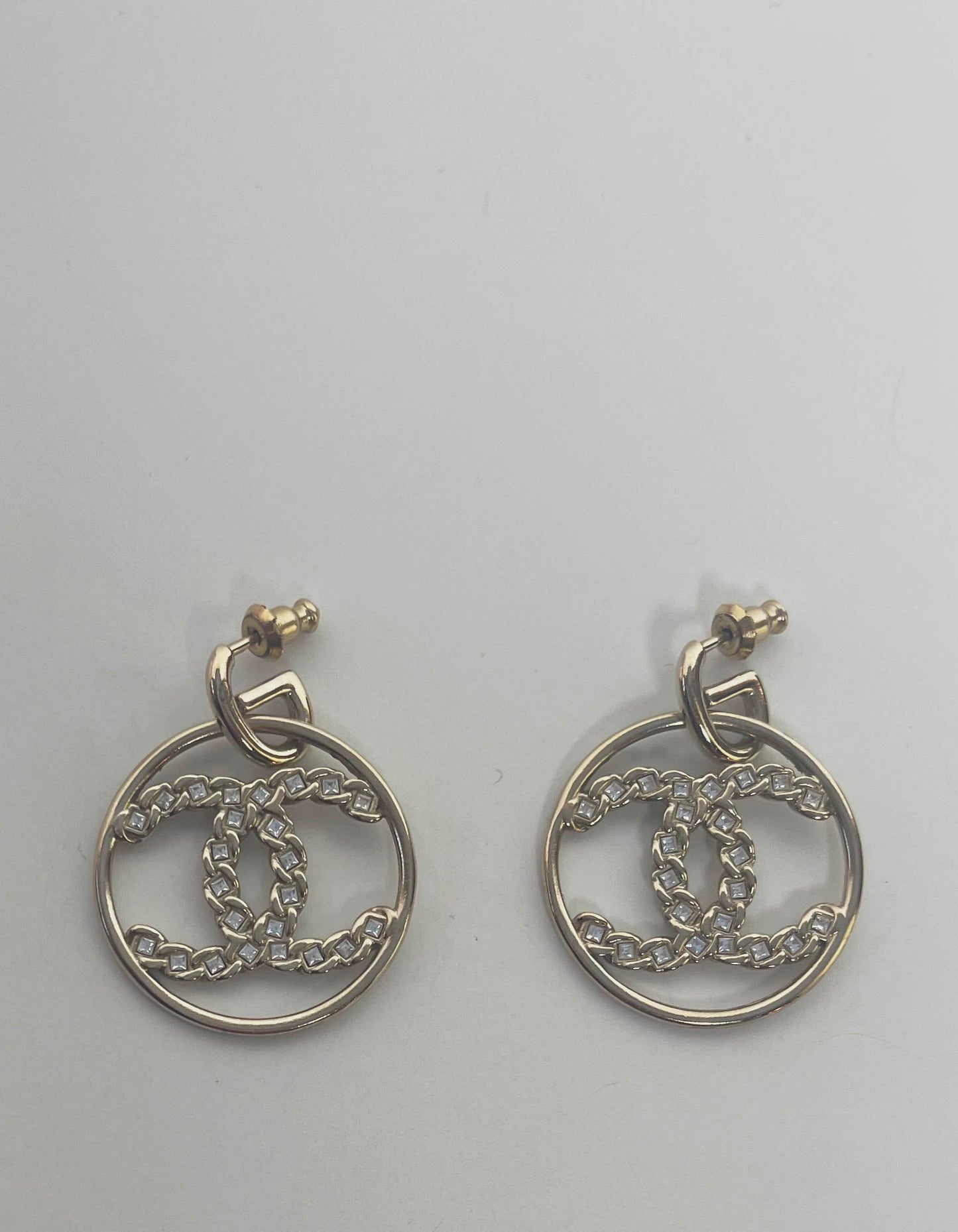 Chanel 2019 Goldtone Crystal High Society CC Hoop Drop Earrings