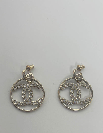 Chanel 2019 Goldtone Crystal High Society CC Hoop Drop Earrings