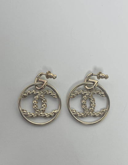 Chanel 2019 Goldtone Crystal High Society CC Hoop Drop Earrings