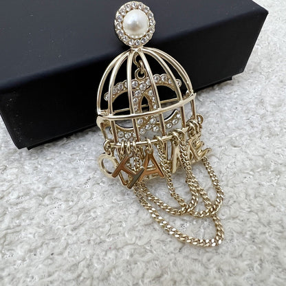 Chanel Classic CC Bird Cage Brooch in Light Gold HW