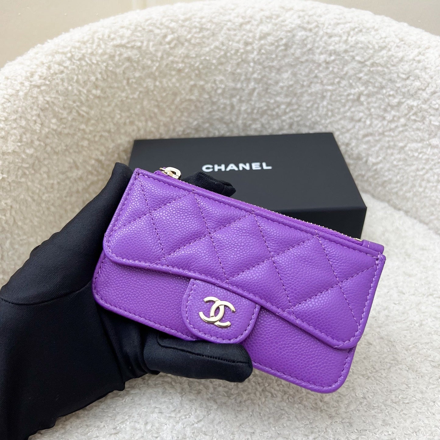 Chanel Snap Card Holder with Zipped Coin Compartment in 24A Purple Caviar and LGHW