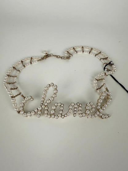 CHANEL Imitation Pearl Swirling Logo Letter Choker Necklace