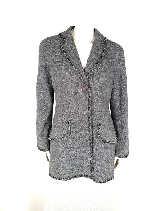 CHANEL Collared Runaway 2020 Black Gray Silver Long Tweed Coat Jacket 40 8