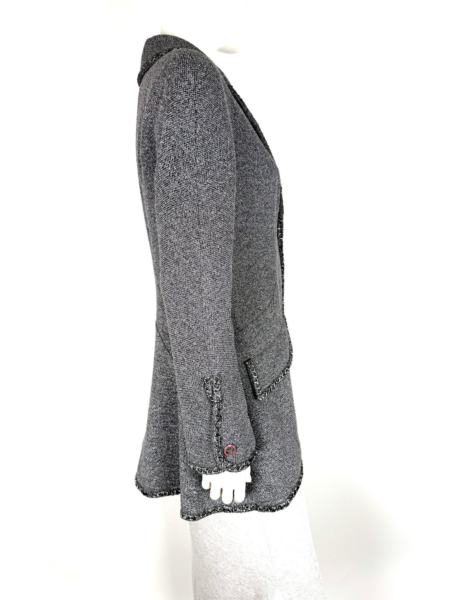 CHANEL Collared Runaway 2020 Black Gray Silver Long Tweed Coat Jacket 40 8
