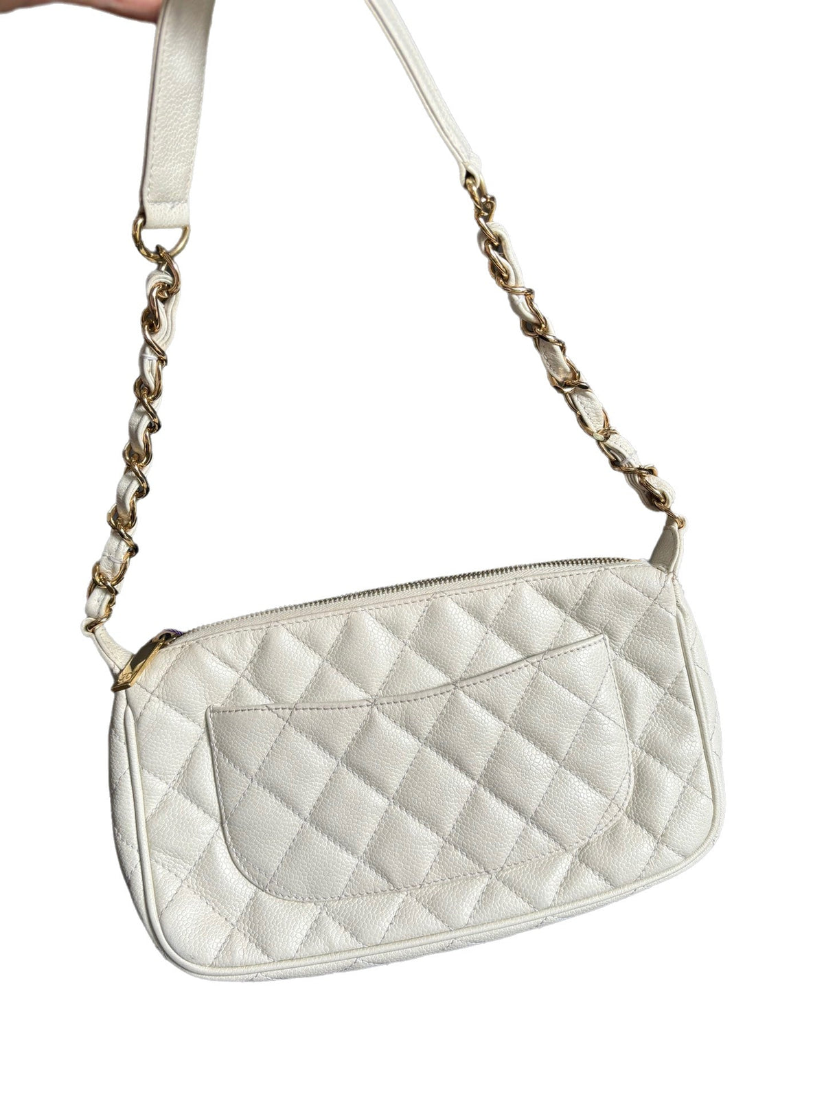 Chanel Clutch Shoulder Bag White Caviar Leather Gold Hardware
