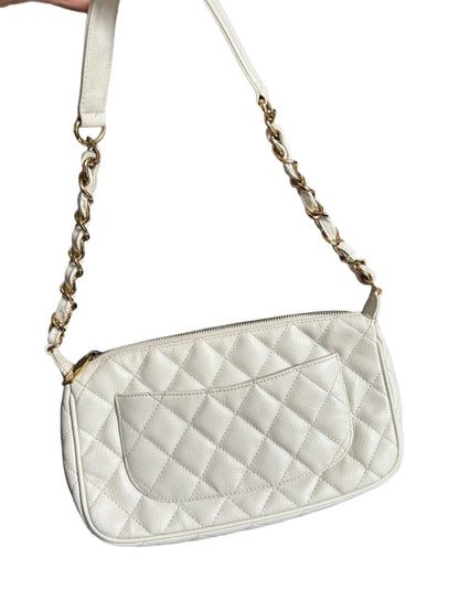 Chanel Clutch Shoulder Bag White Caviar Leather Gold Hardware