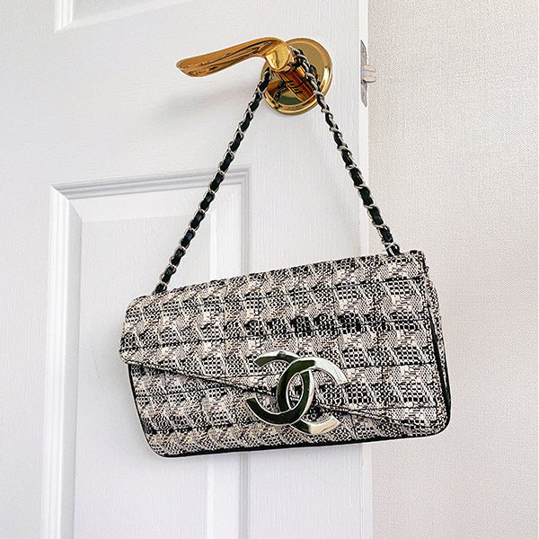 Chanel Around 2005 Made Tweed Cc Mark Plate Chain Shoulder Bag Black/Multi