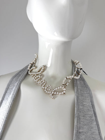 CHANEL Imitation Pearl Swirling Logo Letter Choker Necklace