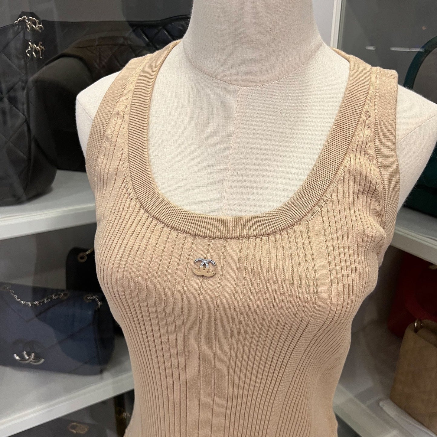 Chanel 25P Tank Top with CC Logo in Dark Beige Cotton Sz 40