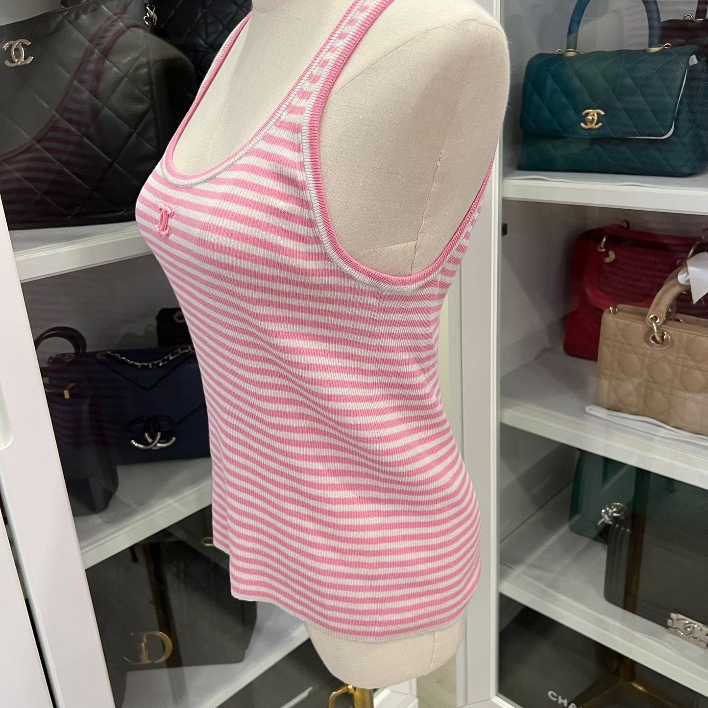 Chanel Striped Knit Tank Top in Pink Cotton and Polyamide Sz 34