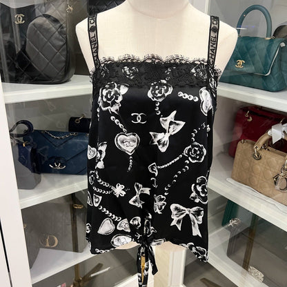 Chanel 25B Camisole Top in Black Silk with White Prints Sz 38
