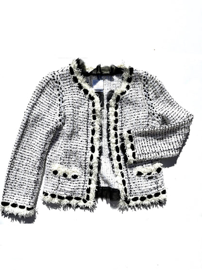 CHANEL Tweed Sequined Collarless Black White 2005 Open Jacket 38 4