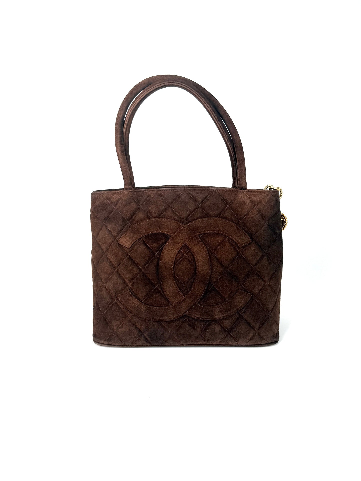 Vintage Chanel CC Timeless Medallion Suede Brown Tote