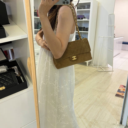 Chanel Vintage Medium Classic Flap CF in Brown Suede and 24K Gold Plated HW