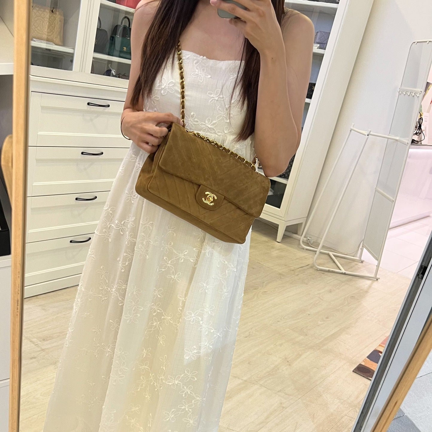 Chanel Vintage Medium Classic Flap CF in Brown Suede and 24K Gold Plated HW