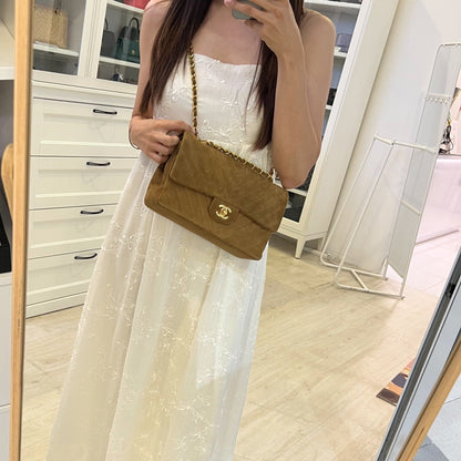 Chanel Vintage Medium Classic Flap CF in Brown Suede and 24K Gold Plated HW