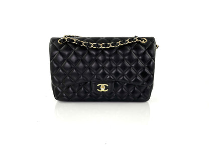 CHANEL Black Lambskin Jumbo Quilted Gold Hardware Classic Double Flap Bag