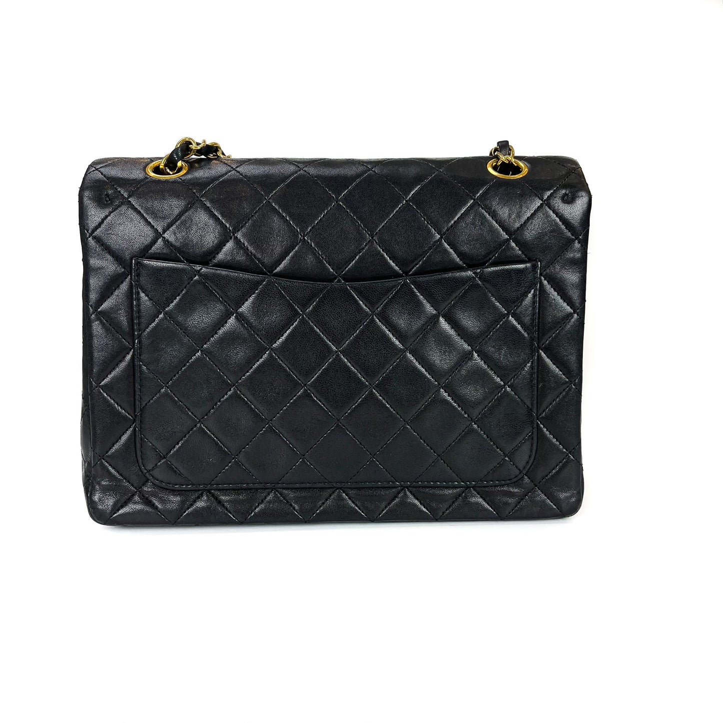 Vintage Black Lambskin 10’’ Medium Square Classic Flap