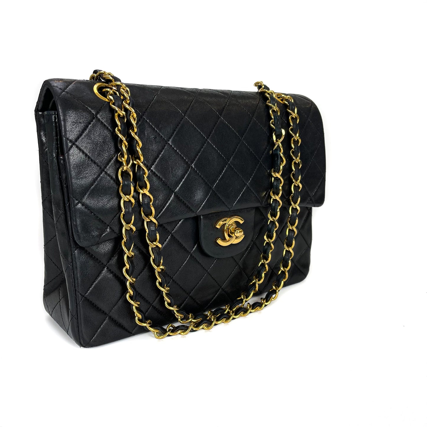 Vintage Black Lambskin 10’’ Medium Square Classic Flap