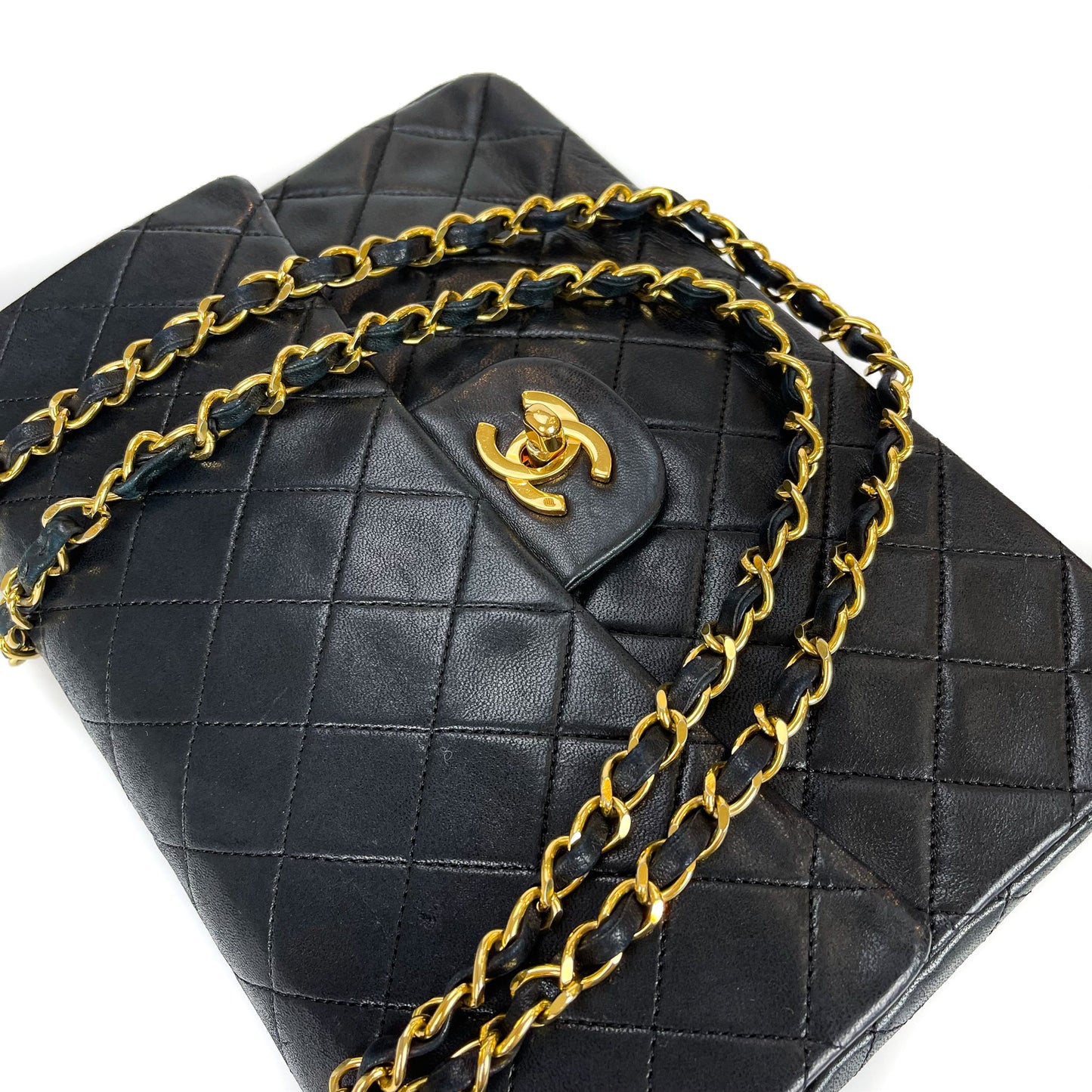 Vintage Black Lambskin 10’’ Medium Square Classic Flap