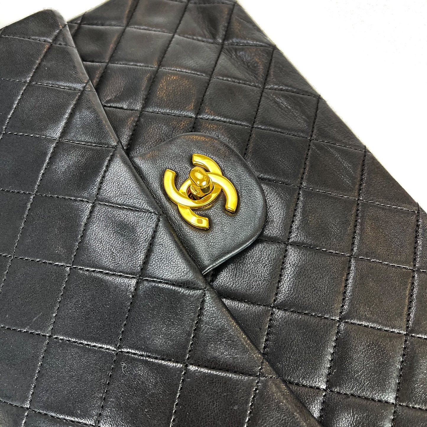 Vintage Black Lambskin 10’’ Medium Square Classic Flap