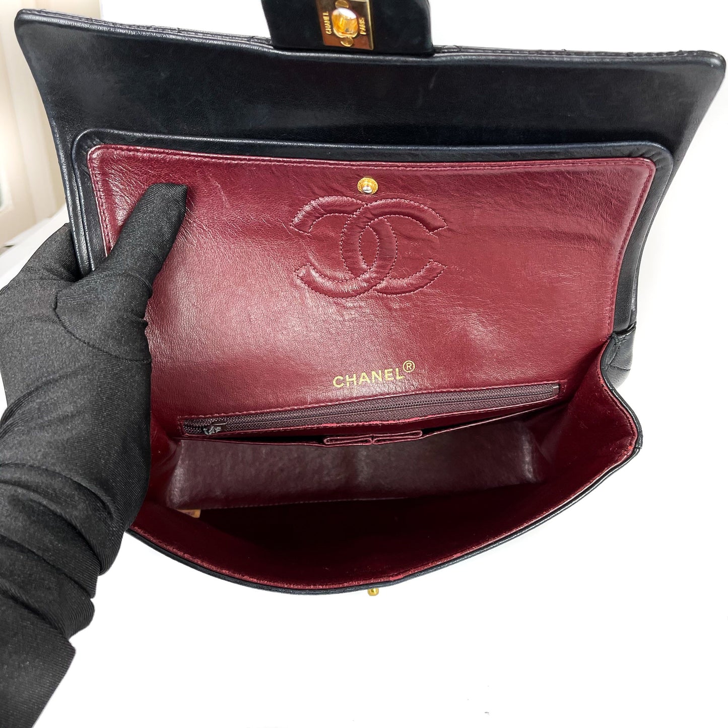 Vintage Black Lambskin 10’’ Medium Square Classic Flap