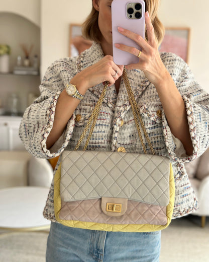 Chanel Large Jersey Reissue Pastel Yellow, Grey and Pink with Antique Gold Hardware