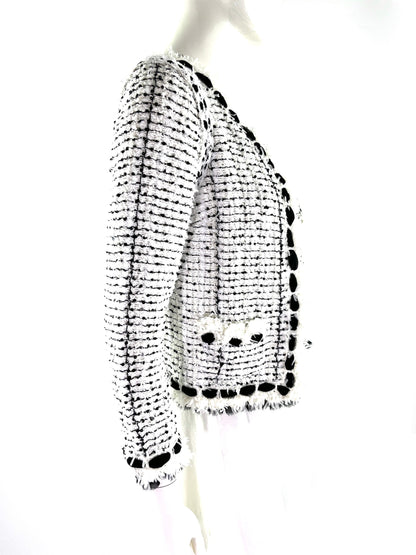 CHANEL Tweed Sequined Collarless Black White 2005 Open Jacket 38 4